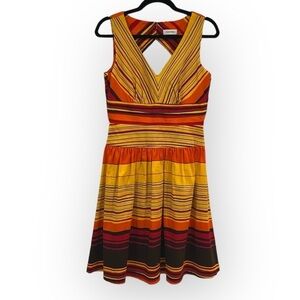 Calvin Klein yellow multicolor sleeveless striped midi cut out back dress sz 4